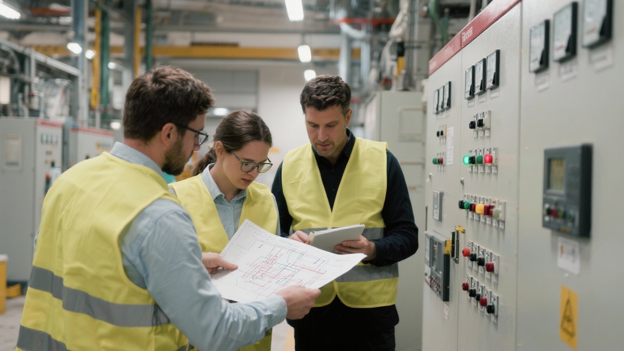 Energy auditors wearing safety vests reviewing schematics next to industrial control panels during a collaborative site assessment in Lisbon