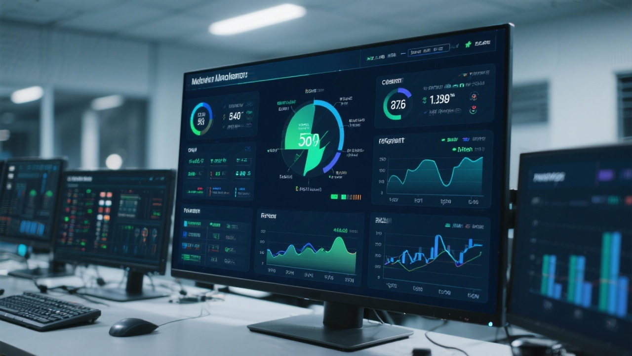 Digital dashboard displaying energy consumption analytics, carbon footprint metrics, and forecasting graphs on a large monitor in a control room