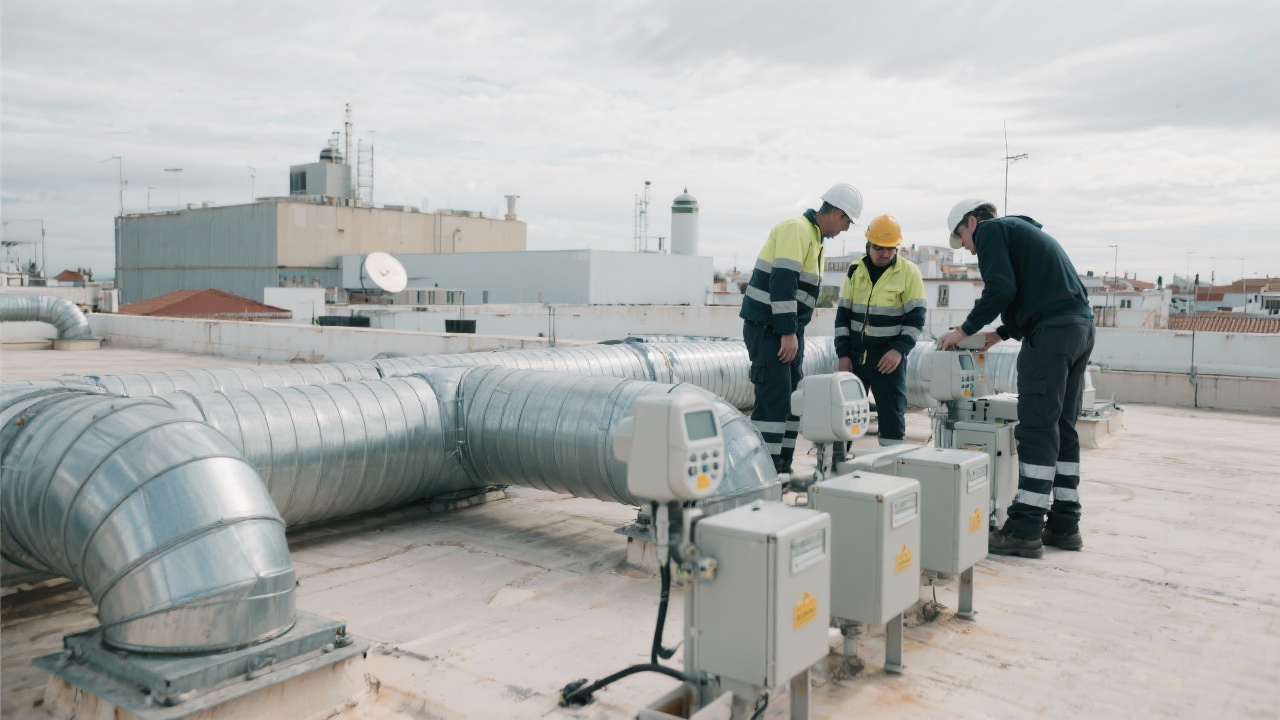 Industrial rooftop in Portugal with energy meters and maintenance staff inspecting ventilation systems during an operational efficiency assessment under overcast light