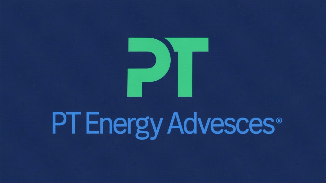 Minimalist wordmark logo of PT Energy Advisors with a simple emerald green monogram and deep blue lettering representing sustainable energy consultancy identity