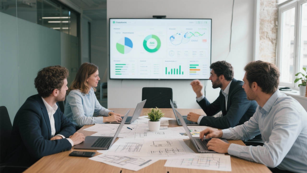 Team of energy consultants collaborating around a conference table with laptops, technical drawings, and sustainability dashboards displayed on a large screen in a Lisbon office