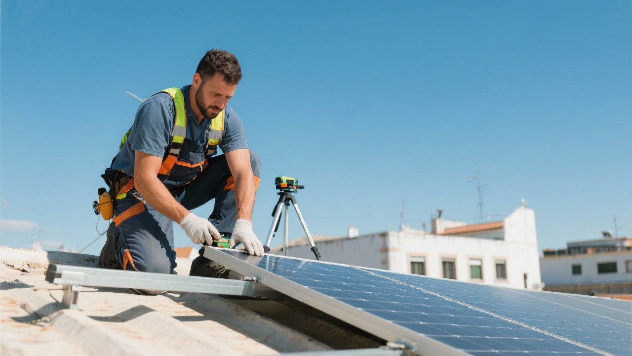 Technician installing photovoltaic panels on a commercial rooftop with safety gear and precision instruments under clear Portuguese sky